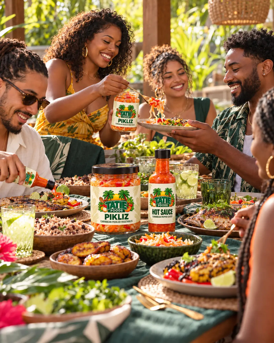 Friends sharing a Caribbean feast